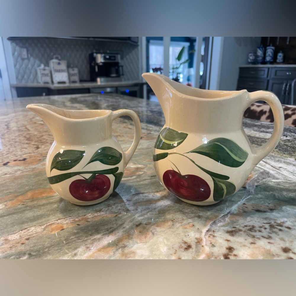 Watt Pottery pitchers x 2 - the Apple with three leaf pattern